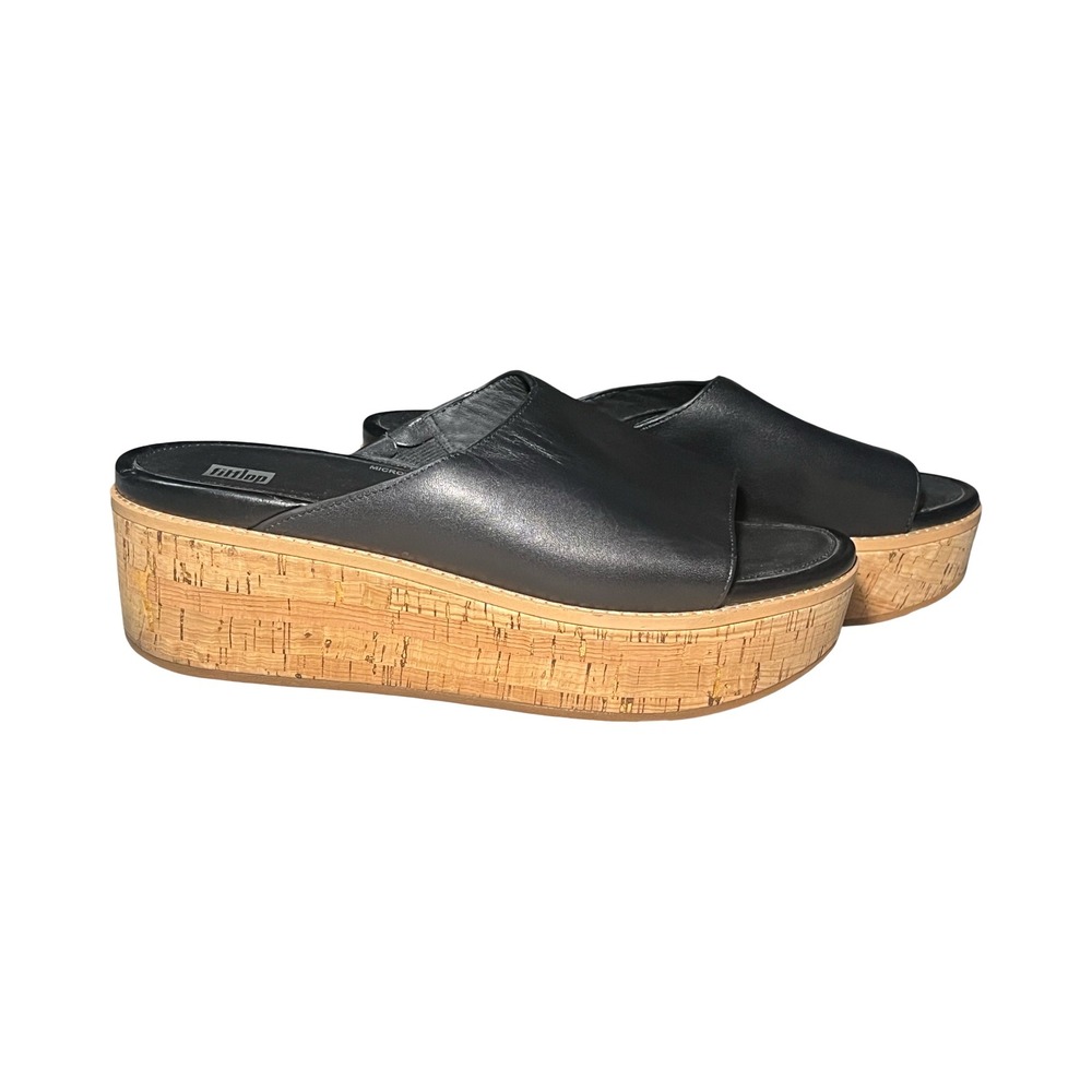 FitFlop Eloise Sandals Women 10 Black Leather Cork Platform Wedge Sandals